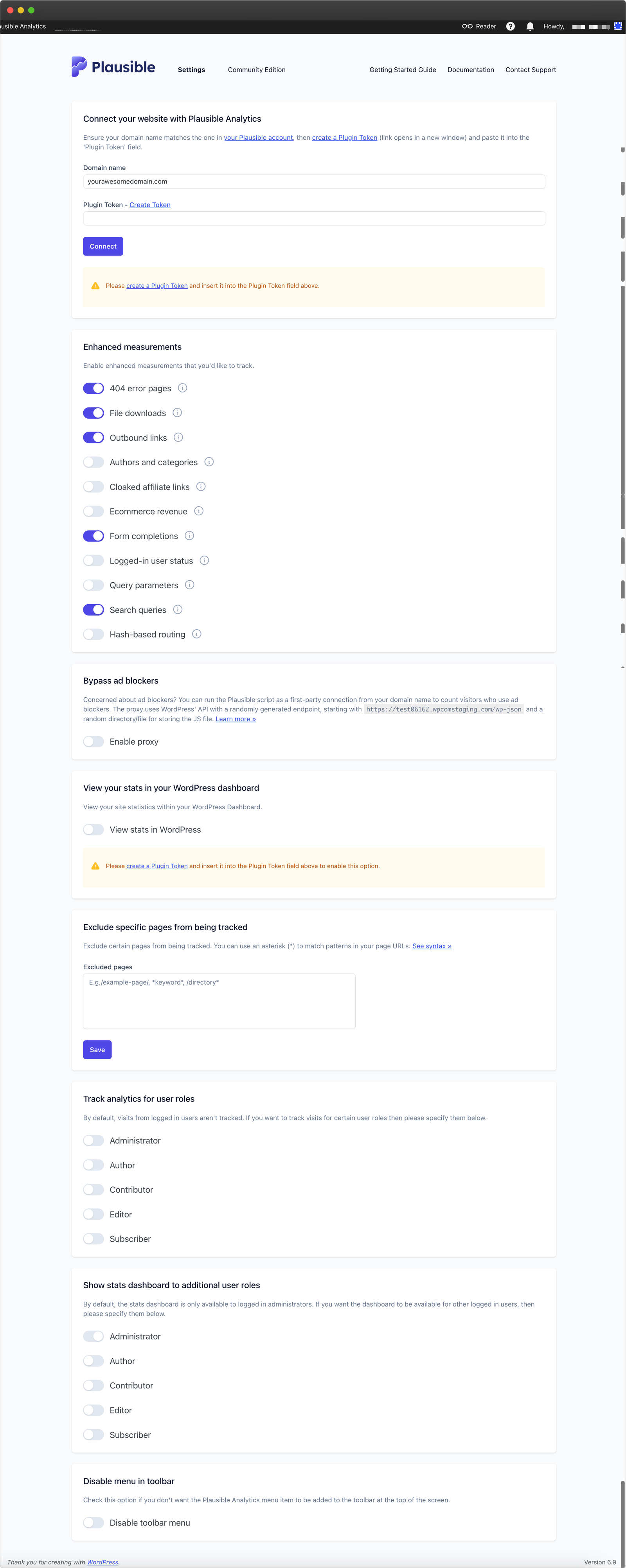 Plausible Analytics WordPress plugin settings
